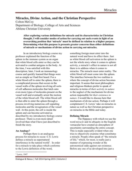 Miracles, Divine Action, and the Christian Perspective Colton Mccoy Department of Biology; College of Arts and Sciences Abilene Christian University