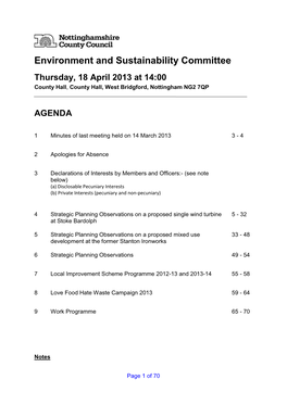 Environment and Sustainability Committee Thursday, 18 April 2013 at 14:00 County Hall , County Hall, West Bridgford, Nottingham NG2 7QP