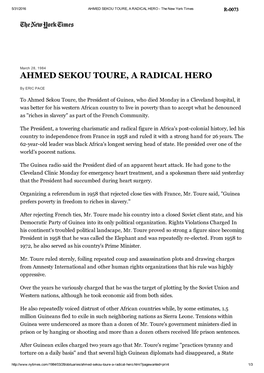 AHMED SEKOU TOURE, a RADICAL HERO ­ the New York Times