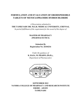 Formulation and Evaluation of Orodispersible Tablets of Metoclopramide Hydrochloride