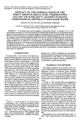 EFFICACY of TWO FORMULATIONS of the INSECT GROWTH REGULATOR, PYRIPROXYFEN G\Rylar@ OR SUMILARV@), AGAINST NUISANCE CHIRONOMIDAE (DIPTERA) in MAN.MADE PONDS