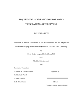 Requirements and Rationale for Amber Translation As Pyrrolysine Dissertation
