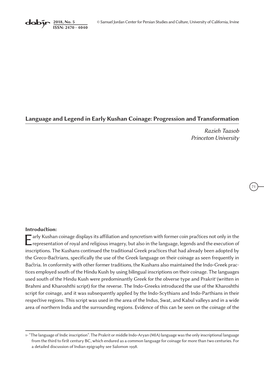 Language and Legend in Early Kushan Coinage: Progression and Transformation Razieh Taasob Princeton University