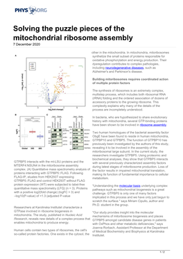 Solving the Puzzle Pieces of the Mitochondrial Ribosome Assembly 7 December 2020