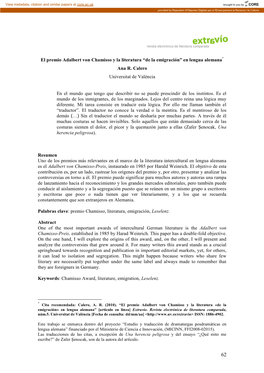 El Premio Adalbert Von Chamisso Y La Literatura “De La Emigración” En Lengua Alemana* Ana R