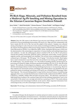 Pb-Rich Slags, Minerals, and Pollution Resulted from a Medieval Ag-Pb Smelting and Mining Operation in the Silesian-Cracovian Region (Southern Poland)