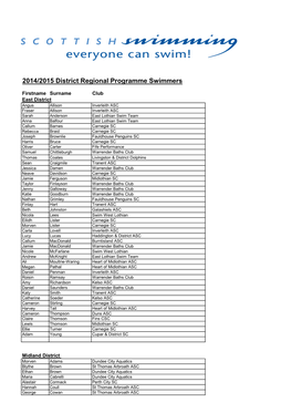 2014/2015 District Regional Programme Swimmers