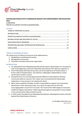 Queensland Productivity Commission Inquiry Into Imprisonment and Recidivism 2018 Submission Prison Fellowship Australia (Queensland)