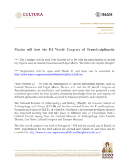 Mexico Will Host the III World Congress of Transdisciplinarity