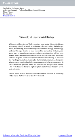 Philosophy of Experimental Biology Marcel Weber Frontmatter More Information