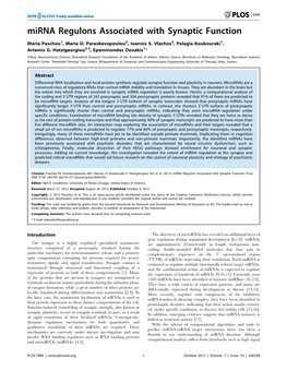 Mirna Regulons Associated with Synaptic Function