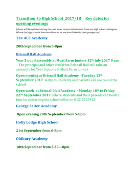 Transition to High School 2017/18 Key Dates for Opening Evenings