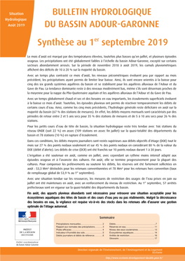 BULLETIN HYDROLOGIQUE DU BASSIN ADOUR-GARONNE | Synthèse Au 1 Septembre 2019