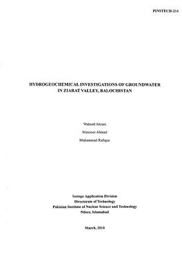 Hydrogeochemical Investigations of Groundwater in Ziarat Valley, Balochistan