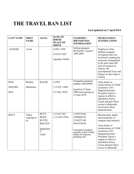 THE TRAVEL BAN LIST Last Updated on 3 April 2014