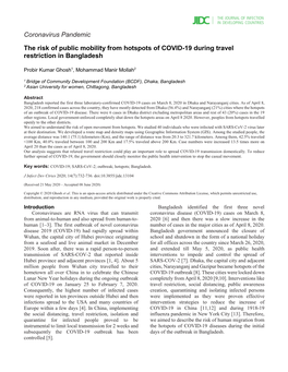 The Risk of Public Mobility from Hotspots of COVID-19 During Travel Restriction in Bangladesh