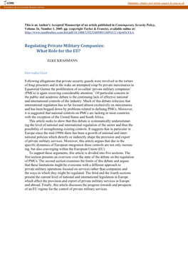 Regulating Private Military Companies: What Role for the EU?