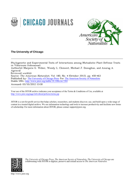 Phylogenetic and Experimental Tests of Interactions Among Mutualistic Plant Defense Traits in Viburnum (Adoxaceae)