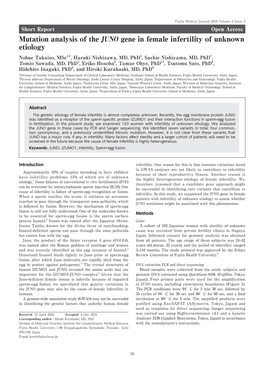 Mutation Analysis of the JUNO Gene in Female Infertility of Unknown Etiology