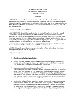 MARIN CONSERVATION LEAGUE Parks and Open Space Committee September 13, 2018 MINUTES ATTENDEES: Nona Dennis, Chair, Greg Zitney