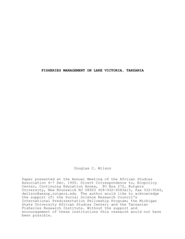 FISHERIES MANAGEMENT on LAKE VICTORIA, TANZANIA Douglas C
