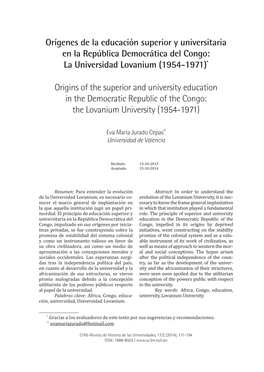 Orígenes De La Educación Superior Y Universitaria En La República Democrática Del Congo: La Universidad Lovanium (1954-1971)*