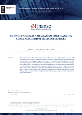 Crowdfunding As a Mechanism for Financing Small and Medium Sized Enterprises