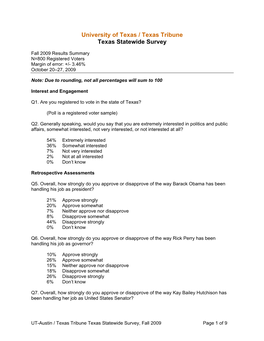 University of Texas / Texas Tribune Texas Statewide Survey