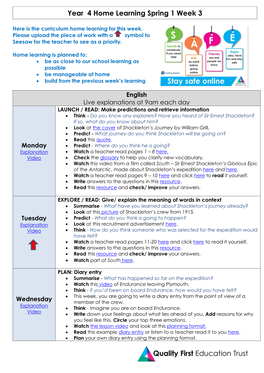 Spring 1 Week 3 Year 4 Home Learning Plan