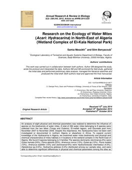 Research on the Ecology of Water Mites (Acari: Hydracarina) in North-East of Algeria (Wetland Complex of El-Kala National Park)