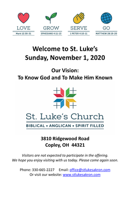 St. Luke's Sunday, November 1, 2020