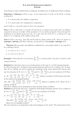 B.A.,Sem-II,Mathematics(Algebra) Subring As in Group, We Have