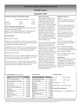 Alleron Investment Management Limited Monthly Report September 2015