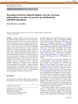 Encounters Between Antarctic Limpets, Nacella Concinna, and Predatory Sea Stars, Lysasterias Sp., in Laboratory and Weld Experiments