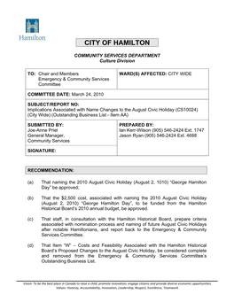 Implications Associated with Name Changes to the August Civic Holiday (CS10024) (City Wide) (Outstanding Business List - Item AA)