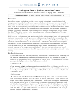 Lending and Love: a Jewish Approach to Loans Parshat Be-Har-Be-Hukkotai, Leviticus 25:1 - 27:34| by Mark Greenspan “Loans and Lending,” by Rabbi Tracee L