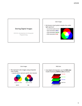 Storing Digital Images – Our Sensors Peak Around – 425 Nanometers (Blue) – 550 Nanometers (Green) CSC121, Introduction to Computer – 560 Nanometers (Red) Programming