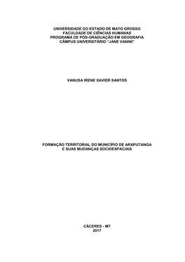 Formação Territorial Do Município De Araputanga E Suas Mudanças Socioespaciais