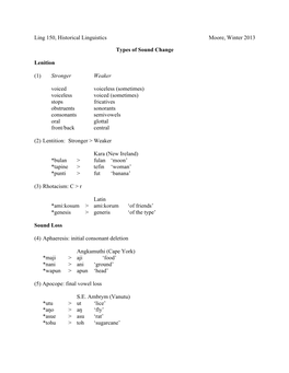 Ling 150, Historical Linguistics Moore, Winter 2013 Types of Sound Change Lenition