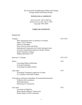 The Association for Diplomatic Studies and Training Foreign Affairs Oral History Project WOLFGANG J. LEHMANN Interviewed By