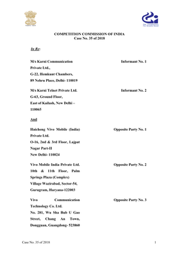 COMPETITION COMMISSION of INDIA Case No. 35 of 2018 in Re: M/S Karni Communication Private Ltd., G-22, Hemkunt Chambers, 89 N