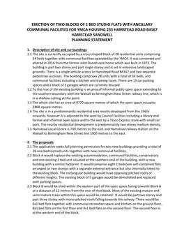 Erection of Two Blocks of 1 Bed Studio Flats with Ancillary Communal Facilities for Ymca Housing 235 Hamstead Road B4167 Hamstead Sandwell Planning Statement