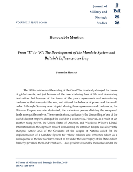 Honourable Mention from “E” to “K”: the Development of the Mandate System and Britain's Influence Over Iraq