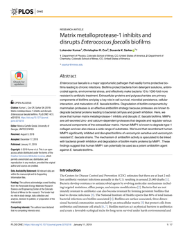 Matrix Metalloprotease-1 Inhibits and Disrupts Enterococcus Faecalis Biofilms