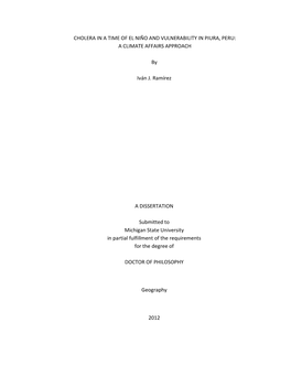 RECONSTRUCTING the CHOLERA EPIDEMIC in a TIME of EL NIÑO and VULNERABILITY in PIURA, PERU in the EARLY 1990S