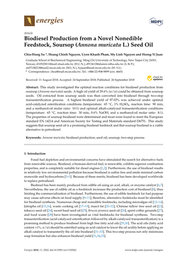 Biodiesel Production from a Novel Nonedible Feedstock, Soursop (Annona Muricata L.) Seed Oil