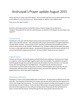 Andrusyak's Prayer Update August 2015