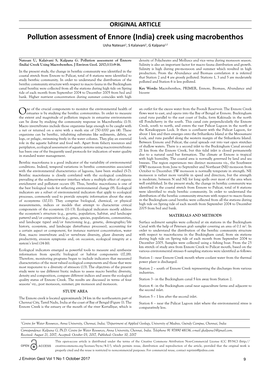 Pollution Assessment of Ennore (India) Creek Using Macrobenthos Usha Natesan1, S Kalaivani1, G Kalpana1,2