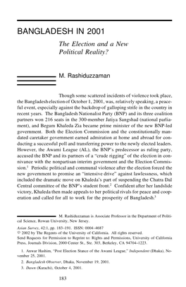 Bangladesh in 2001: the Election and a New Political Reality?