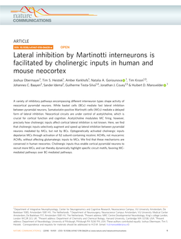 Lateral Inhibition by Martinotti Interneurons Is Facilitated by Cholinergic Inputs in Human and Mouse Neocortex